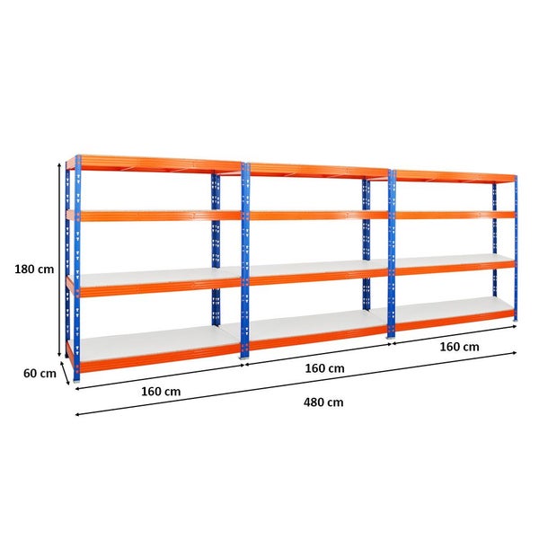 PROREGAL Mega Deal 3x Profi Schwerlastregal Rhino HxBxT 180 x 160 x 60 cm 4 Melamin-Ebenen 16mm Fachlast 500 kg Blau-Orange