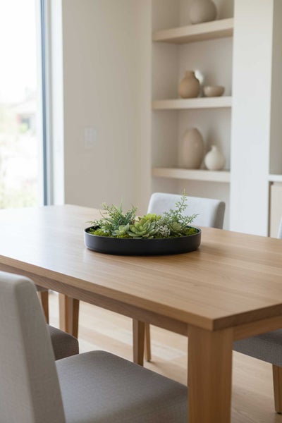 Modernes Esszimmer mit Holztisch und einer dekorativen schwarzen Schale mit Sukkulenten und Moos.