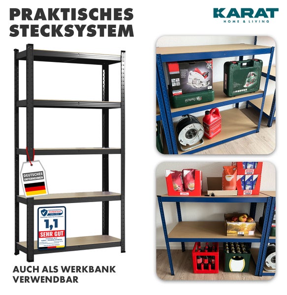Karat Home und Living Logo, Schwerlastregal mit Stecksystem, fünf Holzböden, auch als Werkbank nutzbar, Siegel Warentest Online sehr gut.