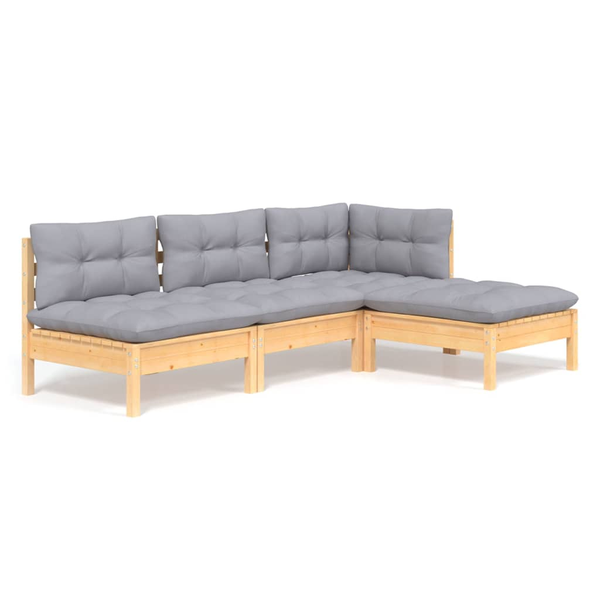 4-tlg. Garten-Lounge-Set mit Grauen Kissen Kiefernholz