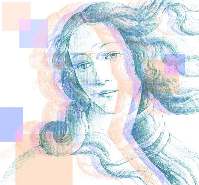 Zeichnung einer Frau mit fließendem Haar und abstrakten Elementen