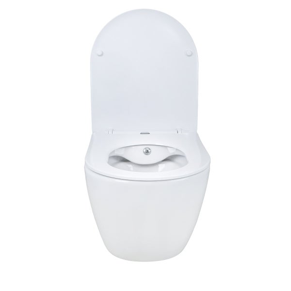 Wandhängendes Dusch-WC mit offenem Deckel und integrierter Düse aus weißer Keramik.