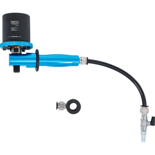 Pneumatisches Ventilschleifgerät BGS 74513 in Blau und Schwarz mit Schlauch, Adapterring und BGS technic Logo.