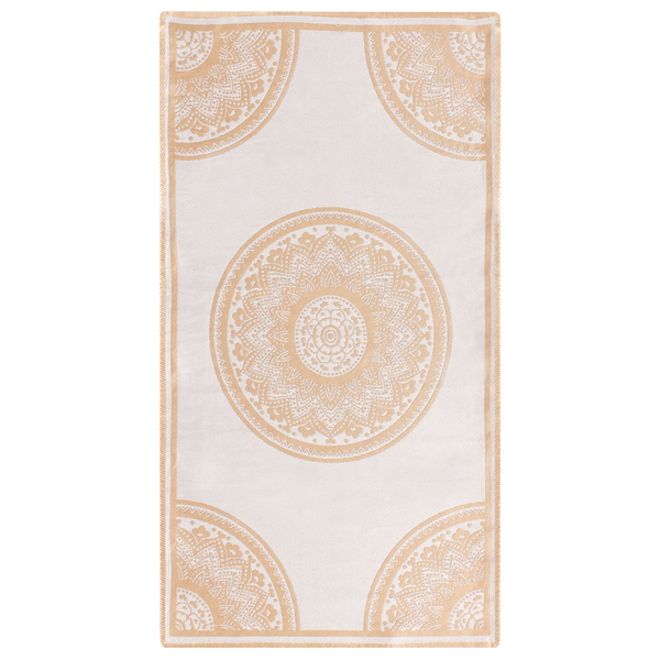 Beiger rechteckiger Läufer mit Mandala-Mustern und umlaufender Bordüre.