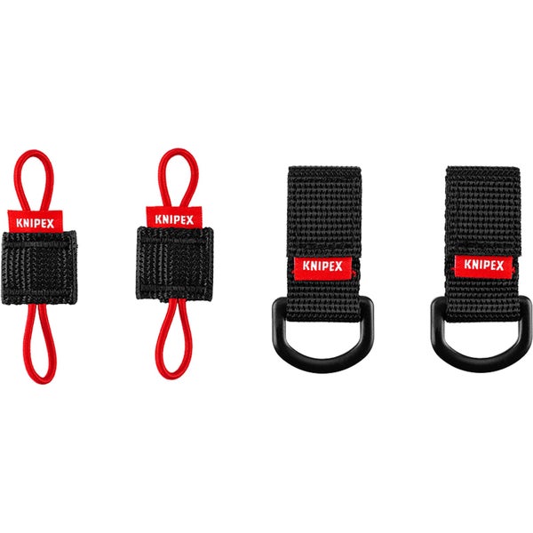 Knipex Werkzeugsicherung Set bestehend aus zwei Befestigungsschlaufen und zwei Adapterlaschen mit D-Ring und Knipex Logo.