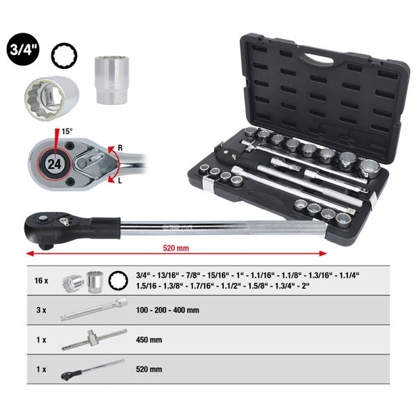 KS TOOLS 3/4 Steckschlüssel-Satz 21tlg. 12-kant - 911.0751