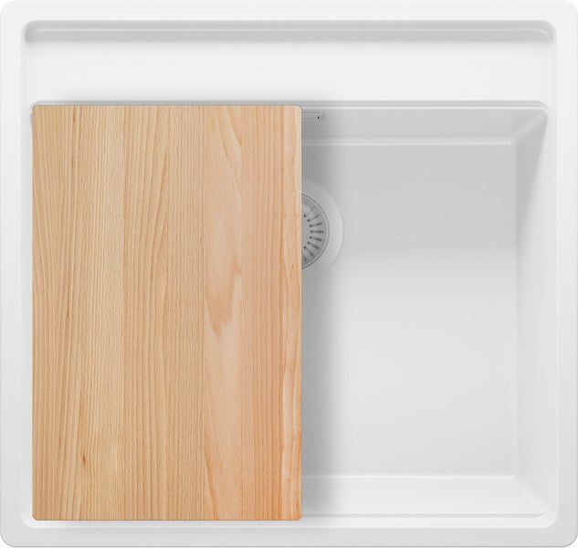 PRIMAGRAN Eckspüle Alles Weiß 56x53cm, Granitspüle 1 Becken + Ablauf-Set + Schneidebrett, Küchenspüle ab 60er Unterschrank - Bergen