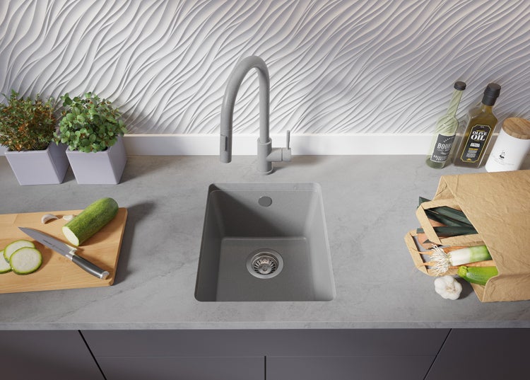 PRIMAGRAN Unterbauspüle Granit Grau 36x44cm, Spülbecken 1 Becken + Ablauf-Set, Granitspüle ab 40er Unterschrank - Venedig Easy