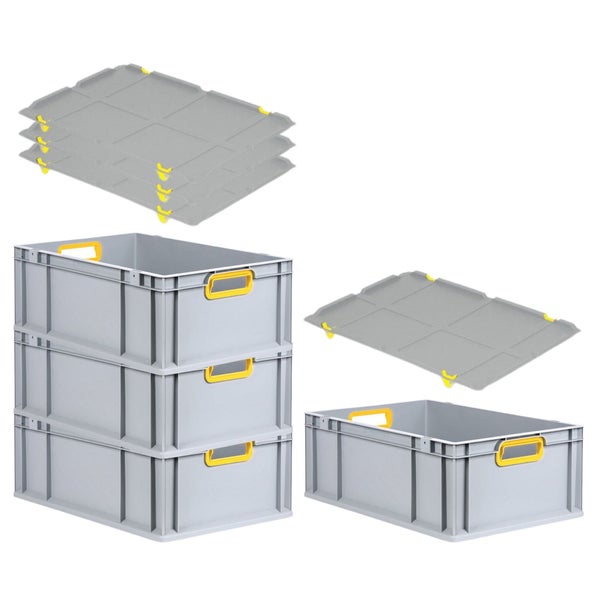 PROREGAL Spar Set 4x Eurobox Nextgen Color Mit Auflagedeckel & Schiebeschnappverschlüsse HxBxT 22 x 40 x 60 cm Griffe Gelb Offen Verstärkter Boden