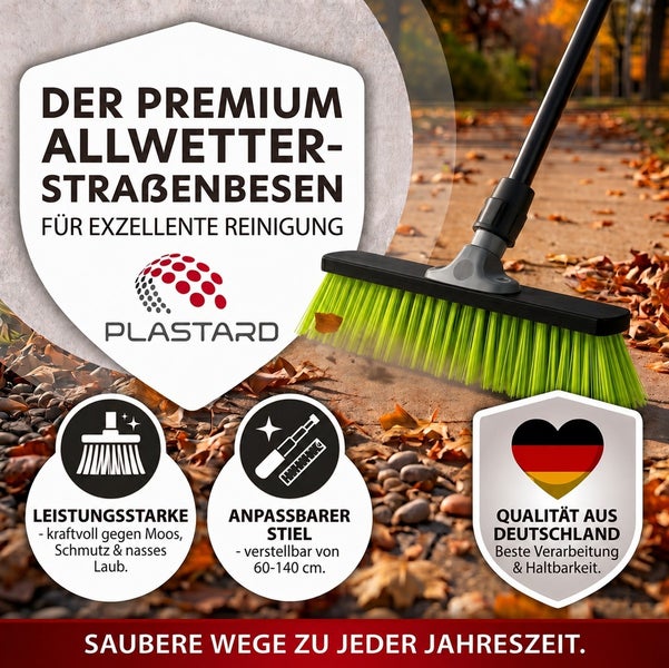 Plastard Allwetterstraßenbesen mit Teleskopstiel zur Reinigung von Wegen von Laub und Schmutz.