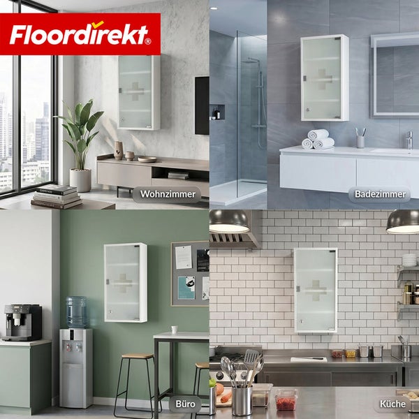 Floordirekt Logo. Weißer Erste-Hilfe-Schrank mit Glastür und Kreuz in Wohnzimmer, Badezimmer, Büro und Küche.