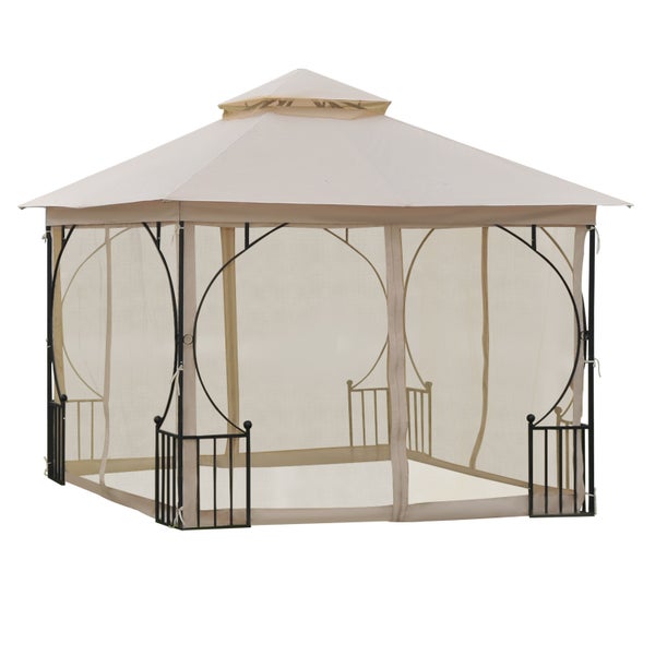 Outsunny Pavillon, Gartenpavillon, 3x3m, Metall, Polyester, Moskitonetz, Beige+Schwarz