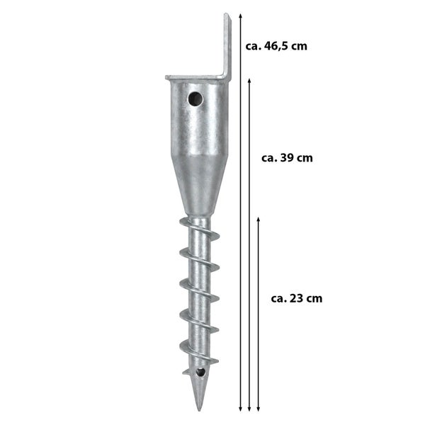 Bodenhülse zum Eindrehen aus verzinktem Stahl mit Maßangaben von circa 23 Zentimeter, 39 Zentimeter und 46,5 Zentimeter.