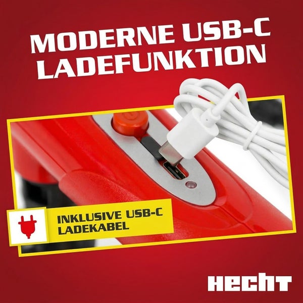 Hecht Gartengerät mit USB-C Ladefunktion und inklusivem USB-C Ladekabel. Hecht Logo.