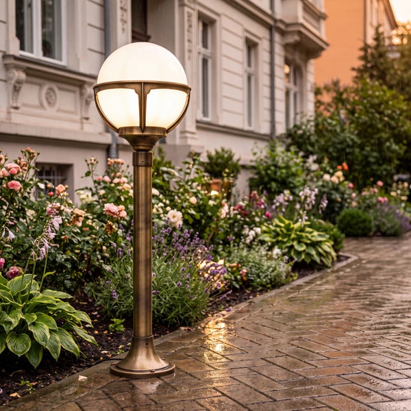 Klassische Wegeleuchte mit weißem Kugelschirm und bronzefarbenem Metallsockel in einem Blumenbeet neben einem gepflasterten Gartenweg.