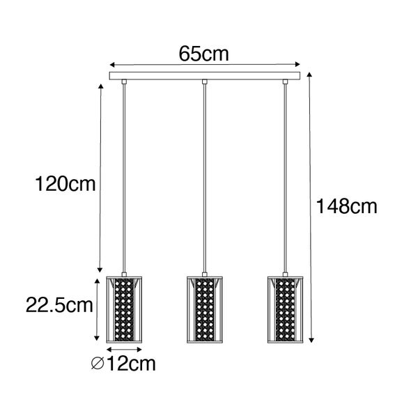 Technische Zeichnung einer Hängeleuchte mit drei Leuchten und Maßangaben.