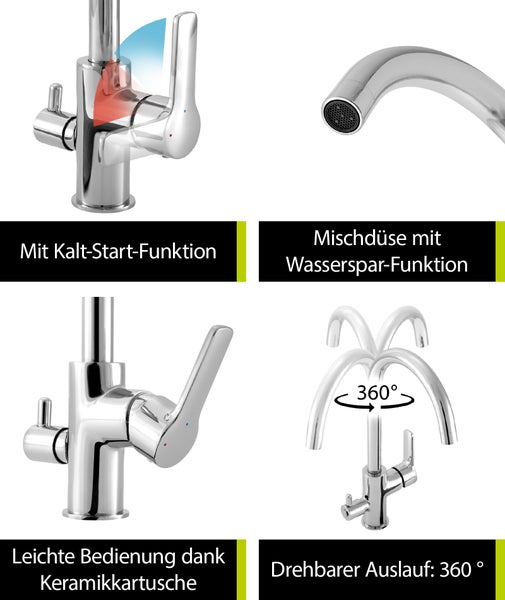 'aquaSu® Spültischarmatur Rego mit Geräteanschluss, Wasserspar-Mischdüse, Kosten-sparende Kaltwassermittelstellung, hoher Auslauf, Keramikkartusche, Messingkern, verchromt, 797122