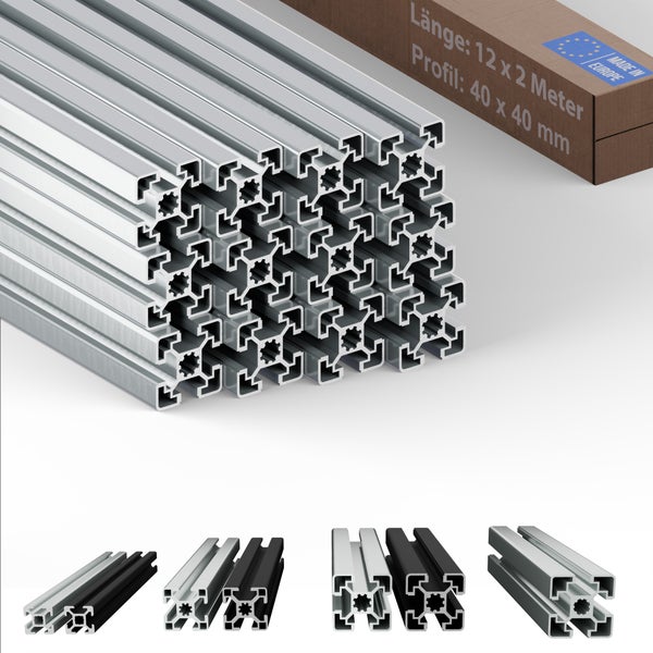 Aluminiumprofile 40 x 40 Millimeter, Länge 12 x 2 Meter im Stapel