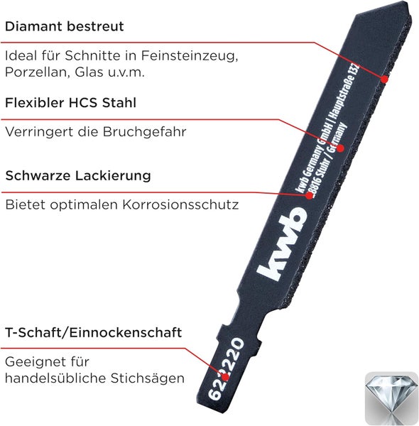 kwb DIAMANT Stichsägeblätter für Fliesen und Keramik - Diamantbestreut, flexibel und präzise - Mit Einnockenschaft (T-Schaft) - Hohe Standzeit