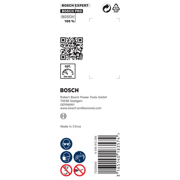Bosch Expert, Bosch Pro und Bosch Logo; Papierverpackung mit Wertstoffkennzeichen, QR-Code, Hinweis auf optimale Drehzahl, Herstellerinformationen und Sicherheitshinweise