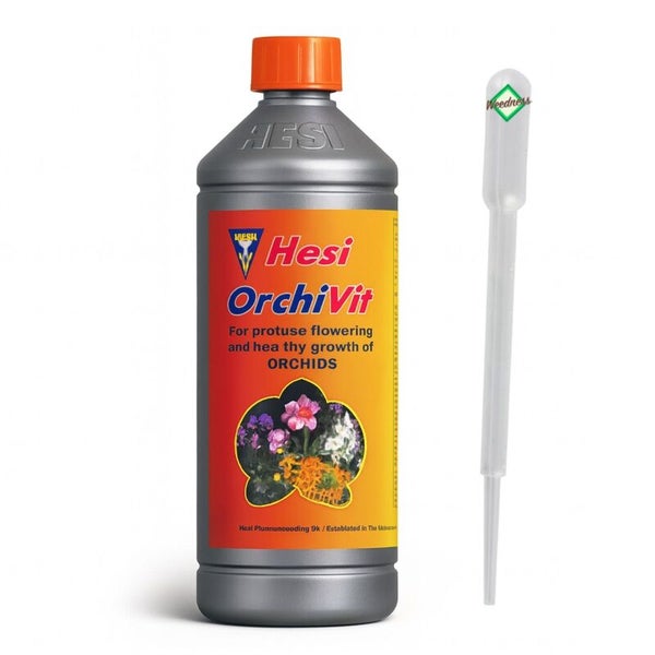 Hesi OrchiVit Orchideendünger in einer grauen Flasche mit orangefarbenem Deckel inklusive Pipette aus Kunststoff.