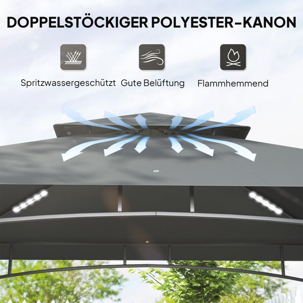 Outsunny Grillpavillon mit LED 240 x 150 x 258 cm wasserabweisend flammhemmend Gartenpavillon mit Doppelschichtdach, Seitenregalen, Gartenlauben mit UV-Schutz, BBQ Pavillon für Party BBQ Dunkelgrau