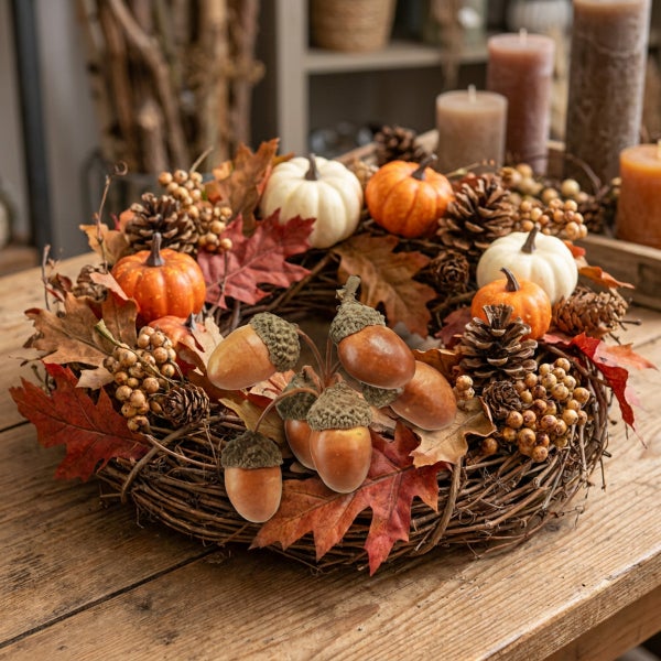 Herbstlicher Türkranz aus Zweigen mit Kürbissen, Kiefernzapfen, Beeren und Eicheln als dekorativer Tischschmuck oder Wandbehang.