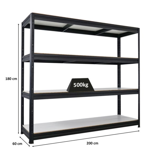 Schwerlastregal mit vier Ebenen, Abmessungen 180 cm x 200 cm x 60 cm, Traglast 500 kg