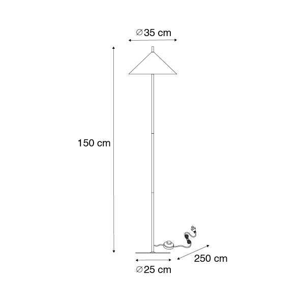 Technische Zeichnung einer Stehlampe mit einer Höhe von 150 cm, einem Lampenschirmdurchmesser von 35 cm und einem Fußdurchmesser von 25 cm