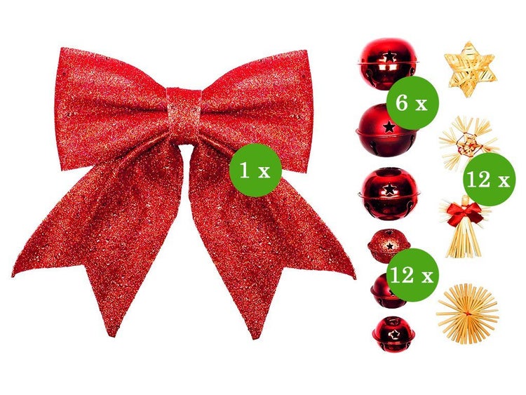 Weihnachtsbaumschmuck Set bestehend aus einer großen Schleife, sechs Glocken und zwölf Strohanhängern zur Dekoration.