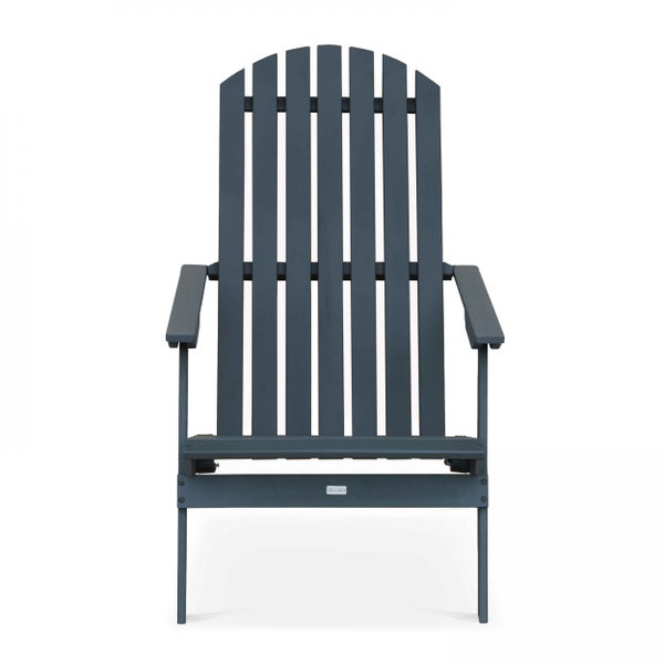 Adirondack-Gartenstuhl aus Holz in Dunkelgrau mit hoher Rückenlehne und Armlehnen.