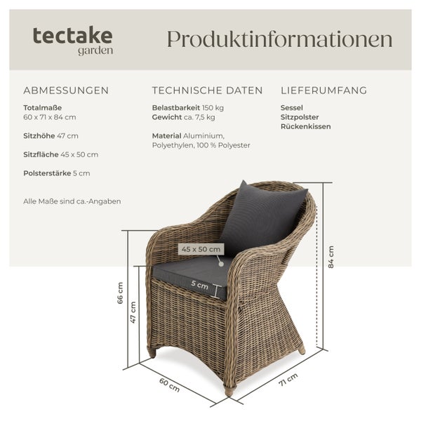 Produktinformationen zu einem Sessel von tectake garden mit Abmessungen, technischen Daten und Lieferumfang.