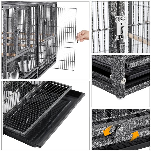Detailansichten eines Vogelkäfigs mit herausnehmbarer Schublade, Sitzstangen und Futternäpfen.