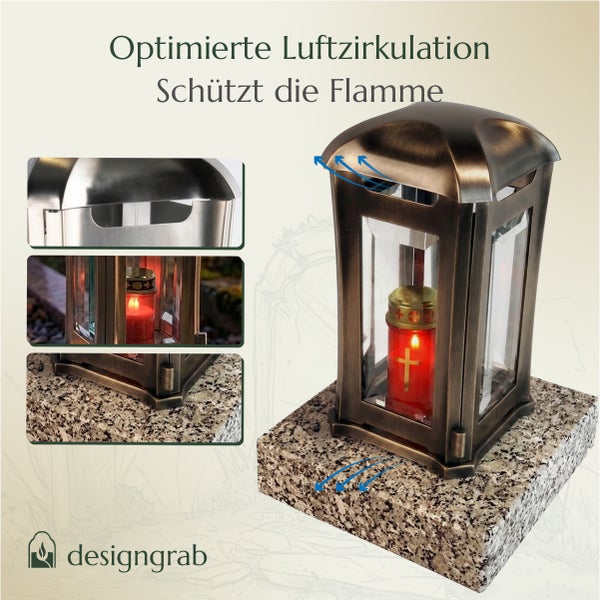 Grablampe aus Metall mit optimierter Luftzirkulation zur Windschutzunterstützung auf einem Granitsockel mit Designgrab Logo