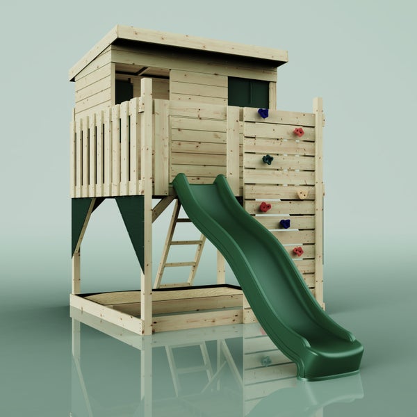 Kinderspielhaus aus Holz als Stelzenhaus mit Leiter, Rutsche und integriertem Sandkasten.