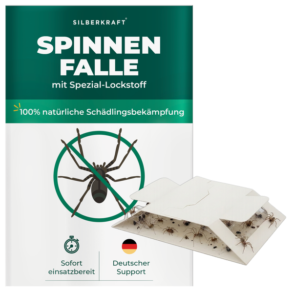 Silberkraft Spinnenfalle mit Spezial-Lockstoff zur natürlichen Bekämpfung von Spinnen, sofort einsatzbereit, inklusive deutschem Support.