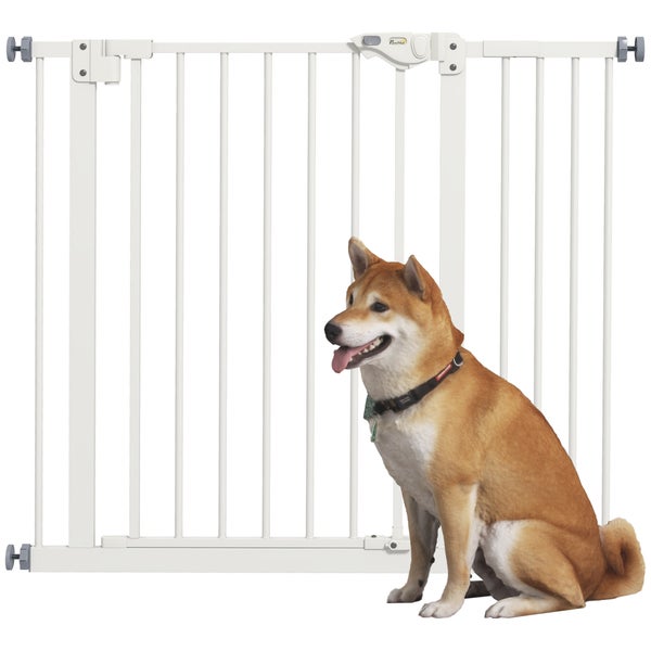 PawHut Türschutzgitter Hunde, Absperrgitter, 74-94 cm, Treppenschutzgitter für Haustier, Hundegitter inkl. Verlängerung, Schutzgitter ohne Bohren, Metall, Kunststoff, Weiß