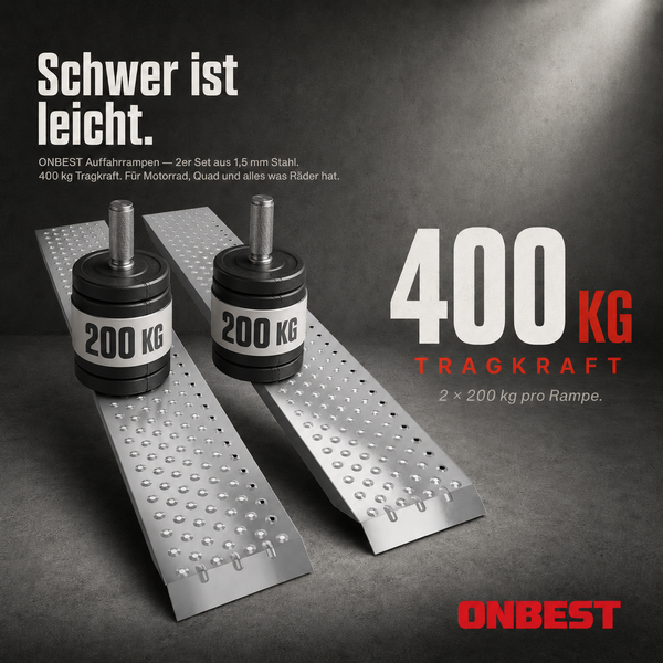 ONBEST Auffahrrampen 2er-Set aus 1,5 Millimeter Stahl, 400 Kilogramm Tragkraft gesamt, 200 Kilogramm pro Rampe, rutschfest gelochte Oberfläche.