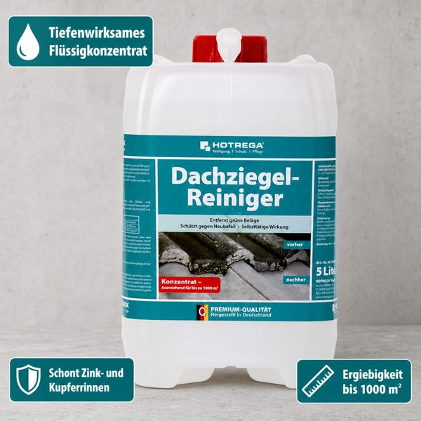 Hotrega Dachziegelreiniger Konzentrat in einem 5 Liter Kanister zur Entfernung von Grünbelägen und zum Schutz vor Neubefall für Dachflächen.
