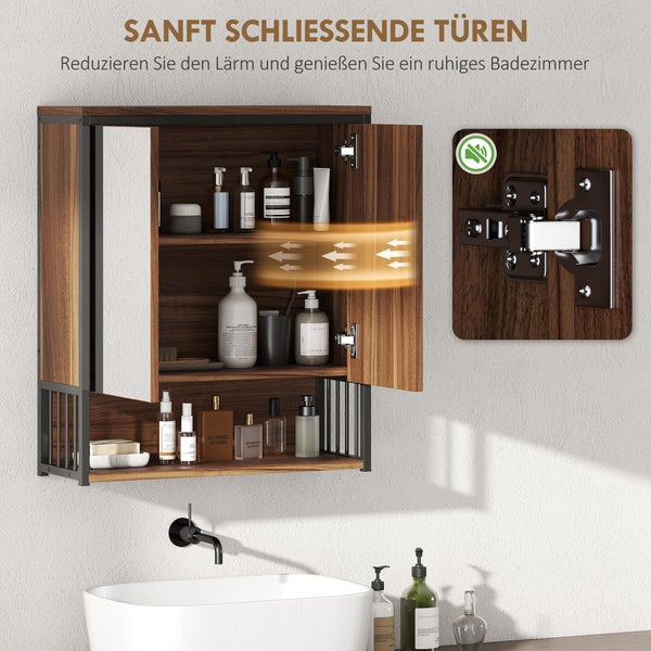 Spiegelschrank aus dunklem Holz mit Soft-Close-Scharnieren und Regalfächern über einem Waschbecken im Badezimmer.