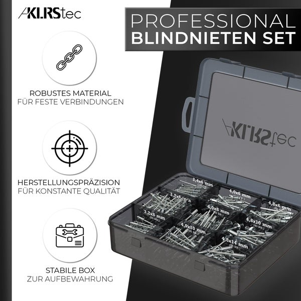 KLRStec Professional Blindnieten Set [500tlg.] Aluminium/Stahl Popnieten Set für Nietenzangen 125 Stk. jeder Größe (2,4mm, 3,2mm, 4,0mm und 4,8mm)