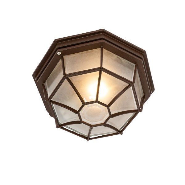Oktogonale Außenleuchte aus Metall mit mattiertem Glas, eingeschaltet.