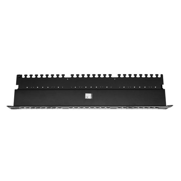 Patchpanel 24 Port 19 Zoll mit Kabelmanagement aus Metall für Netzwerktechnik.