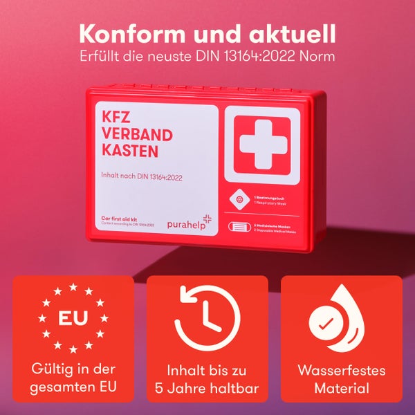 PURAHELP KFZ Verbandskasten nach aktueller Norm 2024 DIN 13164 (StVO konform) - Inkl. Beatmungstuch, 2x Klettstreifen - Erste Hilfe Set Auto Verbandskasten Auto 2024