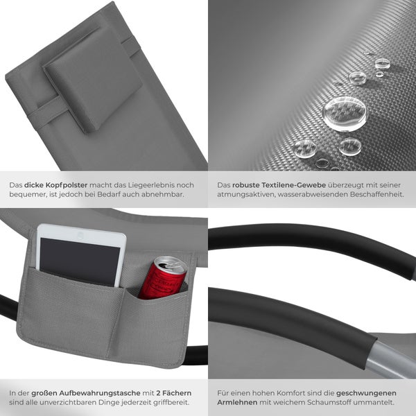 Gartenliege tectake Taya abnehmbares Kopfpolster, seitliche Aufbewahrungstasche ergonomisch, mit Komfort-Schwingbewegung grau