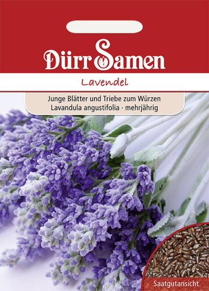 Dürr Samen Logo, Samentüte Lavendel (Lavandula angustifolia), mehrjährig, mit Abbildung von Blüten und Detailansicht des Saatguts.