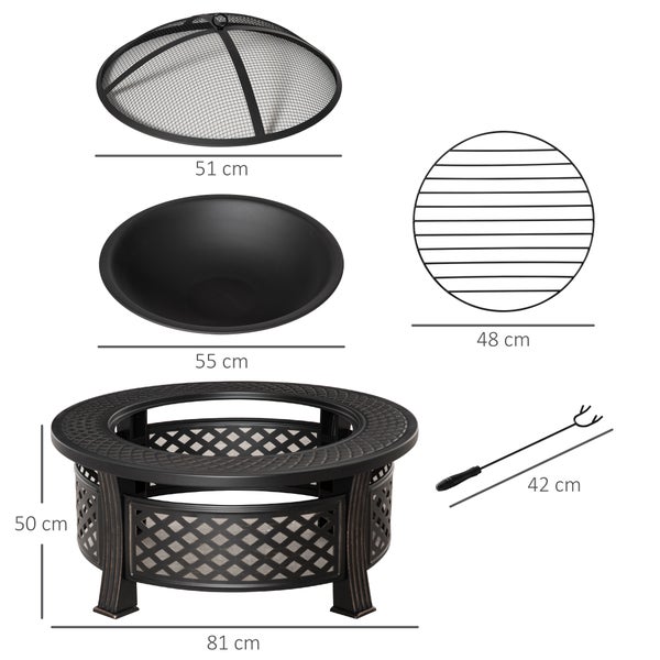 Outsunny Feuerschale mit Schürhaken, rund, für Garten, Camping BBQ,  81 x 81 x 50 cm, Stahl, Schwarz