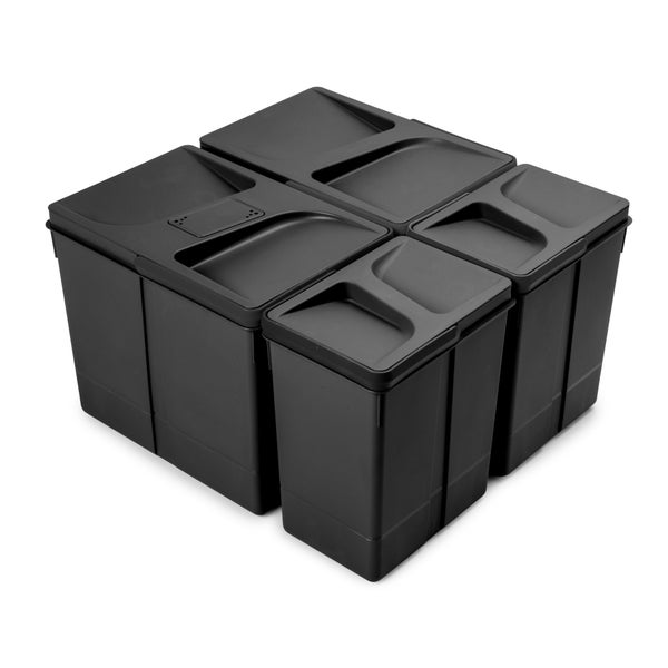 Vierer-Set modularer Mülleimer aus Kunststoff mit Deckeln und integrierten Griffmulden.