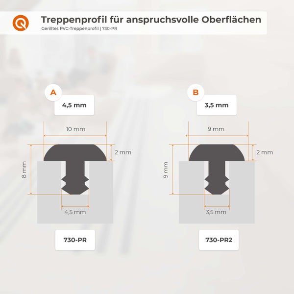 Technische Zeichnung mit Maßangaben für gerillte PVC Treppenprofile Typ 730-PR und 730-PR2 zur Montage auf Treppenstufen.
