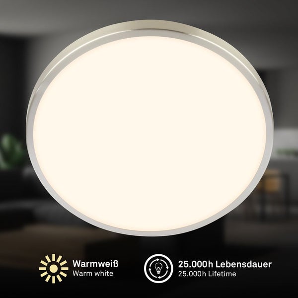 Runde LED Deckenleuchte mit warmweißem Licht und einer Lebensdauer von 25.000 Stunden.